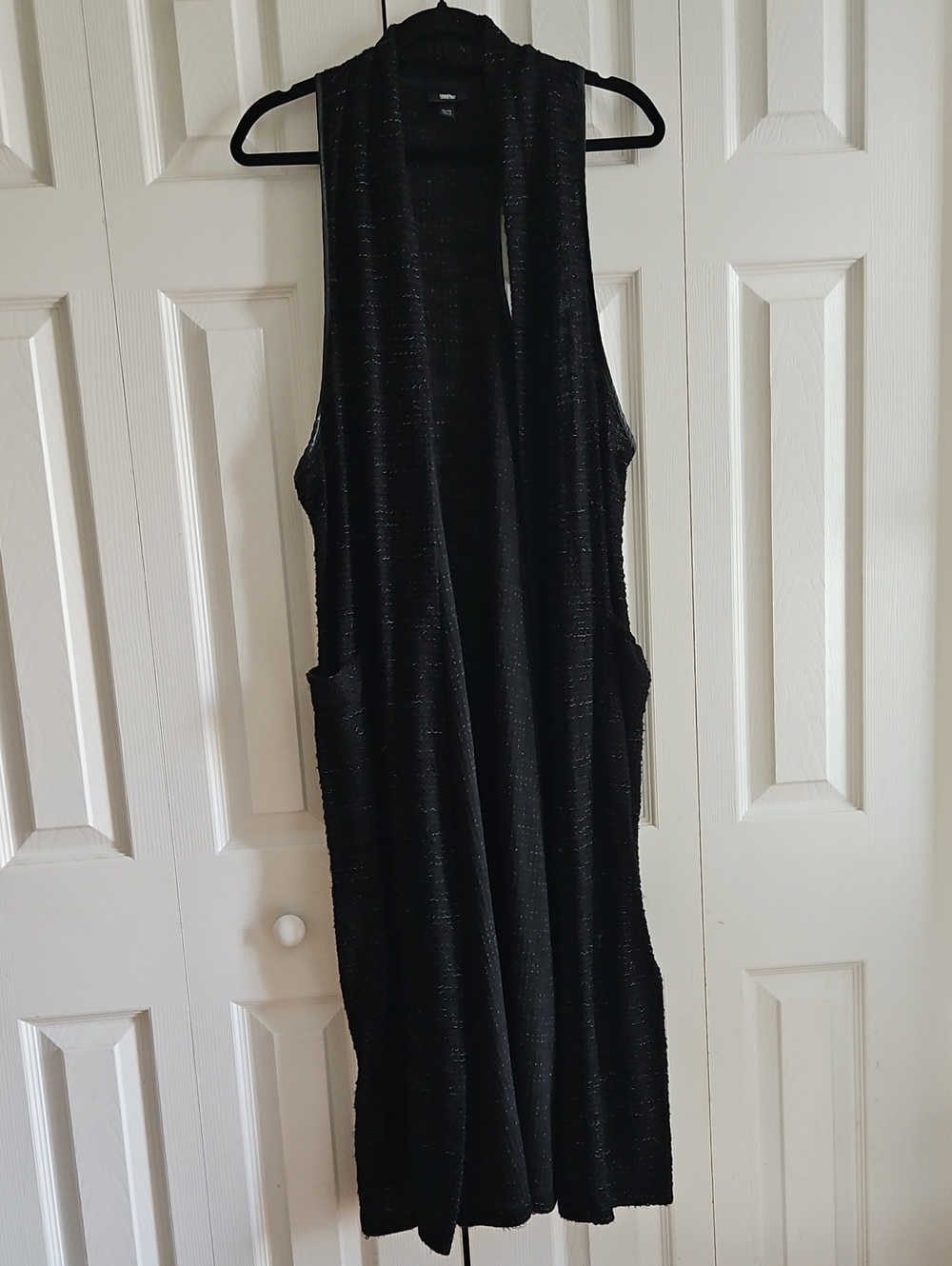 SALE! Black Leather Trimmed Open-Front Long Knit Duster Vest